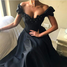 Load image into Gallery viewer, Lace Beaded V Neck Long Black Prom Dresses
