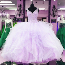 Load image into Gallery viewer, Lace Beaded V Neck Organza Layered Ball Gowns Quinceanera Dresses Pink