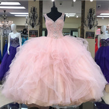 Load image into Gallery viewer, Lace Beaded V Neck Organza Layered Ball Gowns Quinceanera Dresses Pink-alinanova