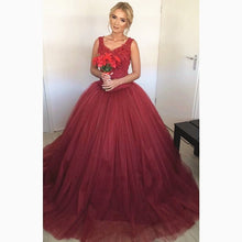 Load image into Gallery viewer, Lace Cap Sleeves V Neck Ball Gowns Wedding Dresses Burgundy