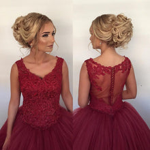 Load image into Gallery viewer, Lace Cap Sleeves V Neck Ball Gowns Wedding Dresses Burgundy-alinanova