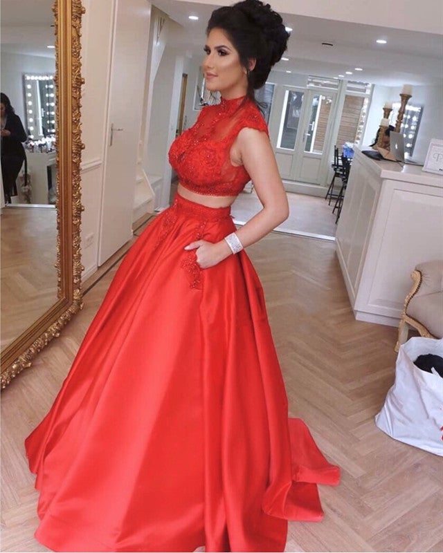 open lace back dress Two Piece Prom Dresses,One Shoulder Prom Dress with Pockets,PD00451, US26W / Burgundy main image 1