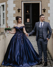 Load image into Gallery viewer, Lace Embroidery Beaded Off The Shoulder Satin Wedding Ballgown Dresses