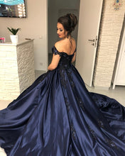 Load image into Gallery viewer, Lace Embroidery Beaded Off The Shoulder Satin Wedding Ballgown Dresses-alinanova