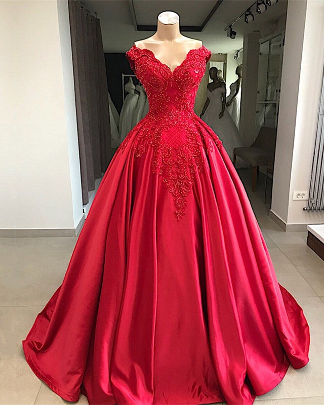 Lace Embroidery Beaded V-neck Satin Ball Gown Prom Dress alinanova Lace Embroidery Beaded V-neck Satin Ball Gown Prom Dress alinanova