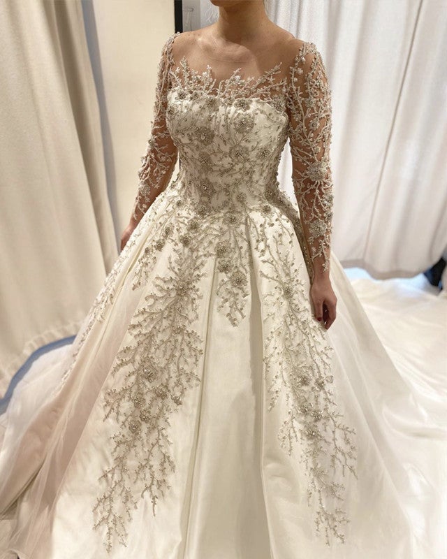 Lace Embroidery Beaded Wedding Dress Long Sleeves Ball Gown Lace Embroidery Beaded Wedding Dress Long Sleeves Ball Gown