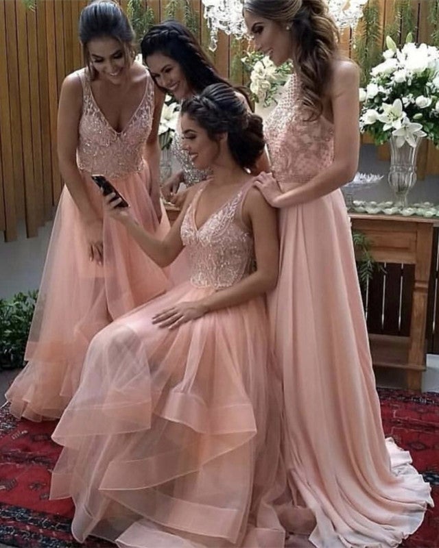 Dusty Pink Lace Mismatched High Low Fashion Bridesmaid Dresses