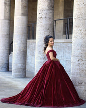 Load image into Gallery viewer, Lace Embroidery Off Shoulder Ball Gowns Wedding Velvet Dresses