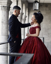 Load image into Gallery viewer, Lace Embroidery Off Shoulder Ball Gowns Wedding Velvet Dresses