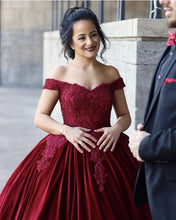 Load image into Gallery viewer, Lace Embroidery Off Shoulder Ball Gowns Wedding Velvet Dresses-alinanova