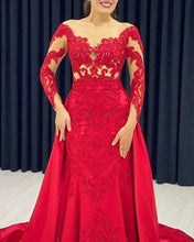 Load image into Gallery viewer, Lace Embroidery Prom Dresses Mermaid Long Sleeves Satin Sweep Train
