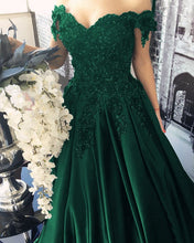 Load image into Gallery viewer, Lace Flower Off The Shoulder Satin Prom Dresses Ball Gowns