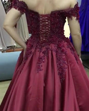 Load image into Gallery viewer, Lace Flower Off The Shoulder Satin Prom Dresses Ball Gowns
