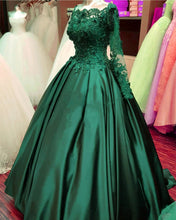 Load image into Gallery viewer, Lace Flowers Beaded Long Sleeves Satin Wedding Dresses Ball Gowns