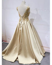 Load image into Gallery viewer, Backless Satin Prom Dresses Gold