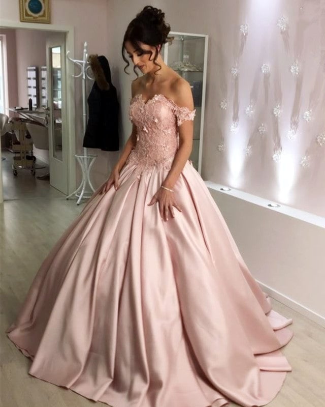 Lace Flowers Sweetheart Off The Shoulder Ball Gowns Wedding Dresses Satin Lace Flowers Sweetheart Off The Shoulder Ball Gowns Wedding Dresses Satin