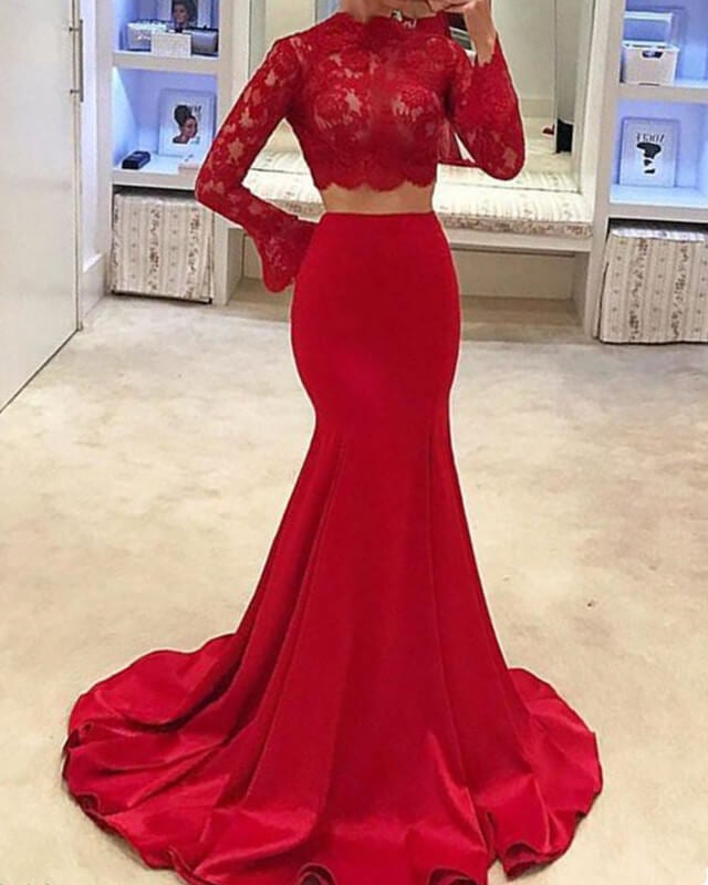 Lace Long Sleeve Two Piece Prom Dress Mermaid Lace Long Sleeve Two Piece Prom Dress Mermaid