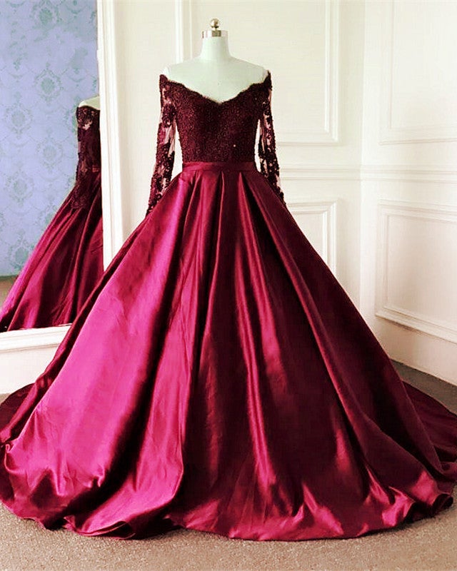 white christmas dresses Lace Long Sleeves Ball Gown Satin Dresses Off The Shoulder