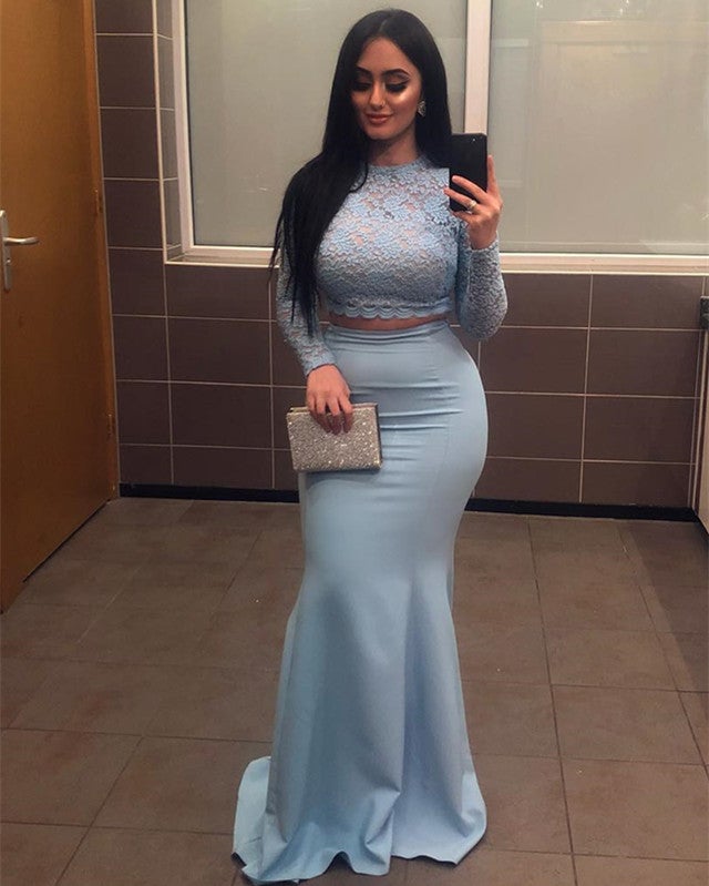 Lace Long Sleeves Mermaid Prom Dresses Two Piece Evening Gowns alinanova Lace Long Sleeves Mermaid Prom Dresses Two Piece Evening Gowns alinanova