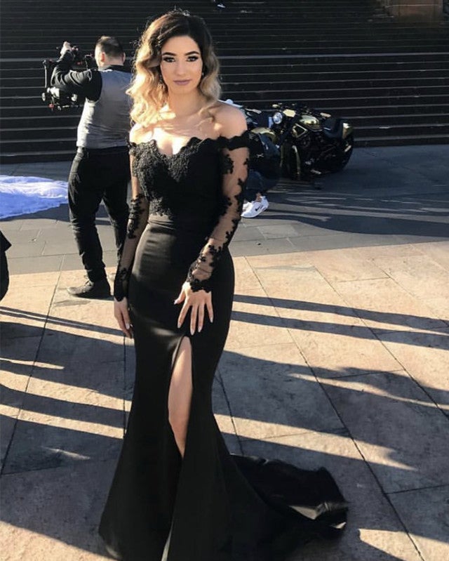 Lace Long Sleeves Off Shoulder Mermaid Bridesmaid Dresses Leg Slit alinanova Lace Long Sleeves Off Shoulder Mermaid Bridesmaid Dresses Leg Slit alinanova