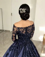 Load image into Gallery viewer, Lace Long Sleeves Off Shoulder Satin Wedding Dresses Ball Gowns