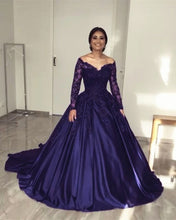 Load image into Gallery viewer, Lace Long Sleeves Off Shoulder Satin Wedding Dresses Ball Gowns