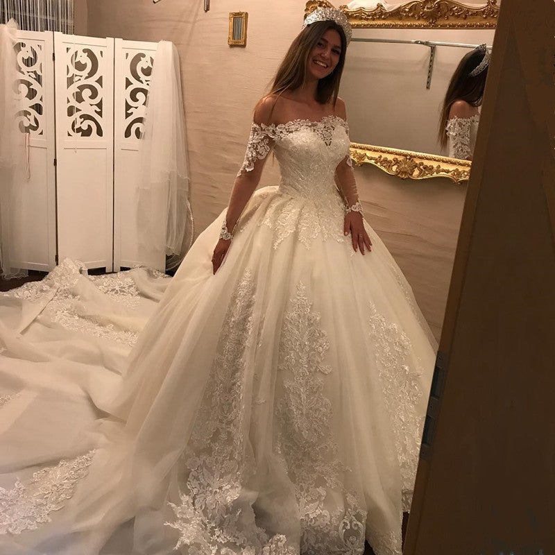 Lace Long Sleeves Open Back Wedding Dresses Ball Gowns Off Shoulder Lace Long Sleeves Open Back Wedding Dresses Ball Gowns Off Shoulder
