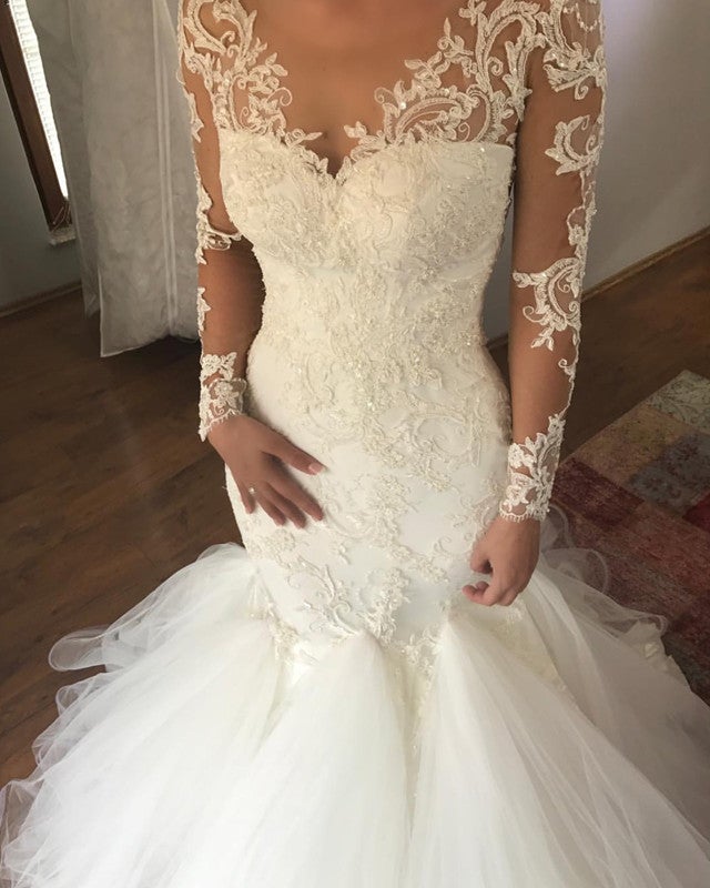 Lace Long Sleeves Ruffles Mermaid Wedding Dress Lace Long Sleeves Ruffles Mermaid Wedding Dress