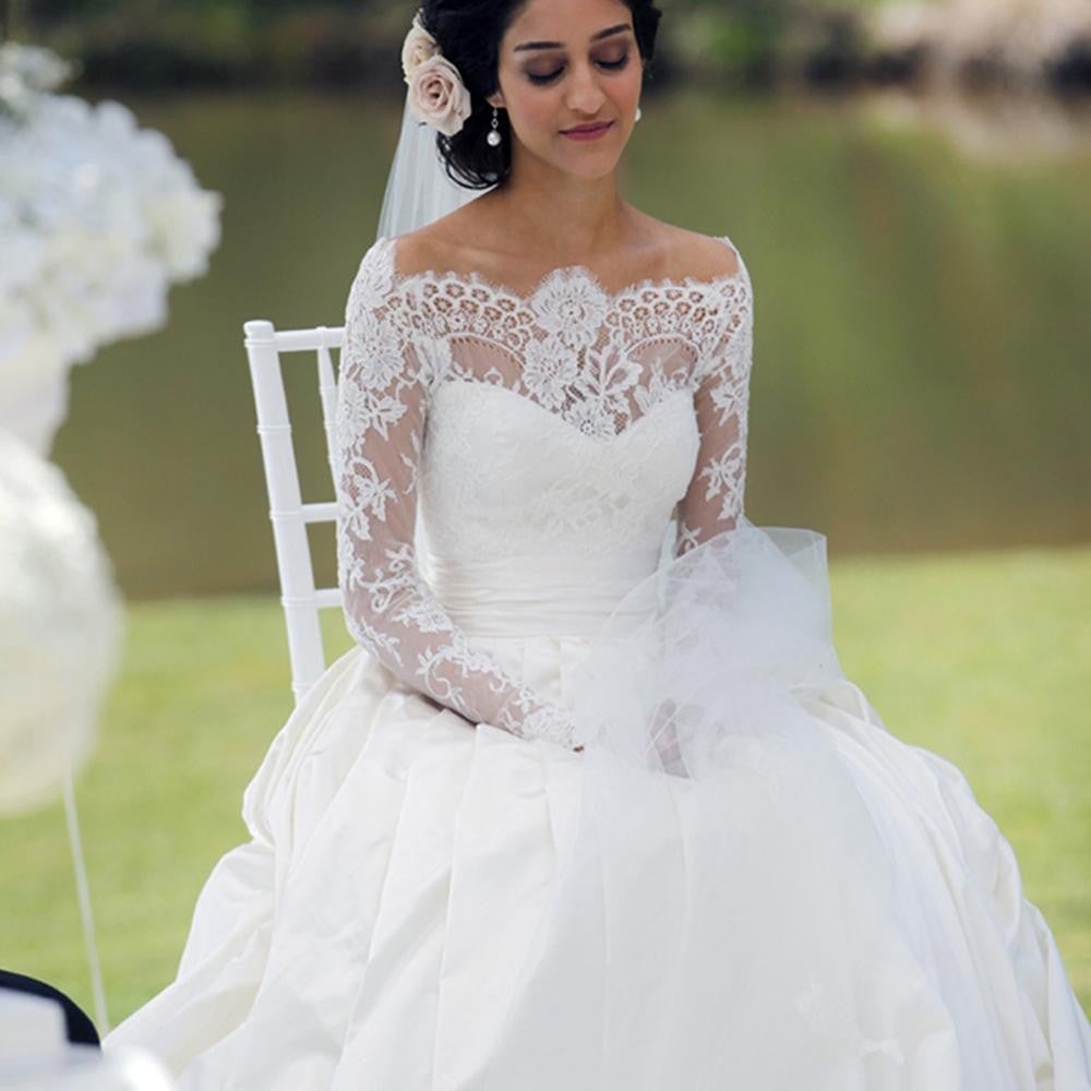 Lace Long Sleeves Taffeta Princess Wedding Dresses Off The Shoulder