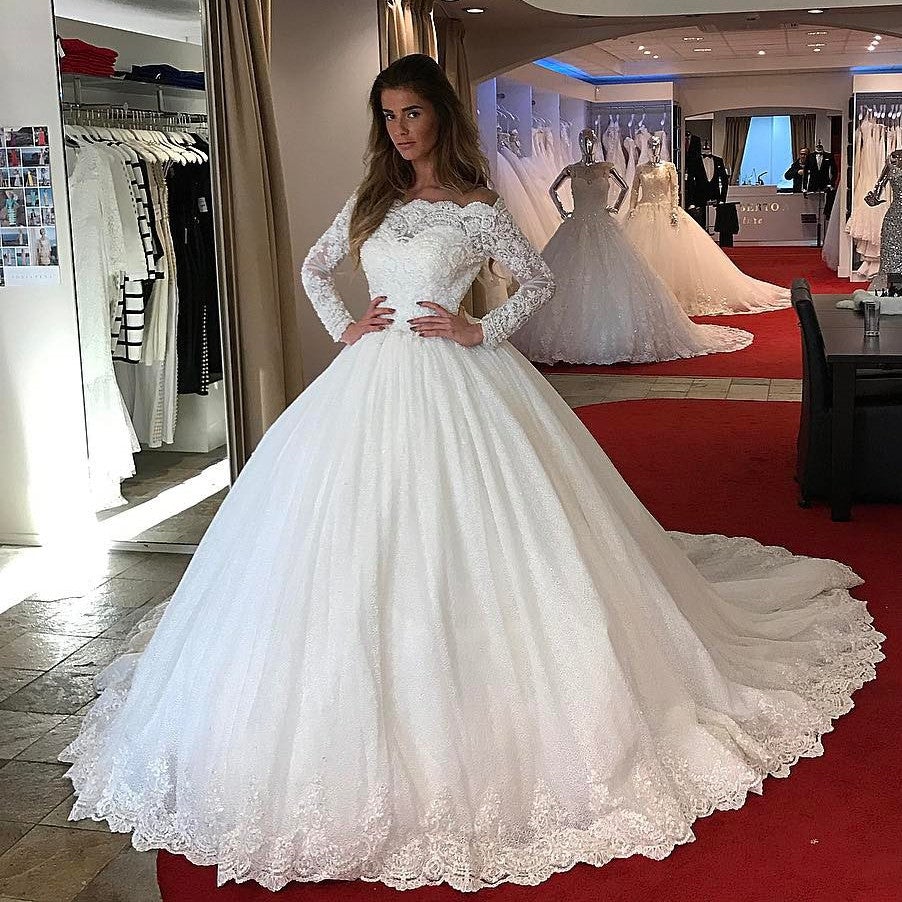 knee length dresses for ladies Lace Long Sleeves Tulle Ball Gowns Wedding Dresses