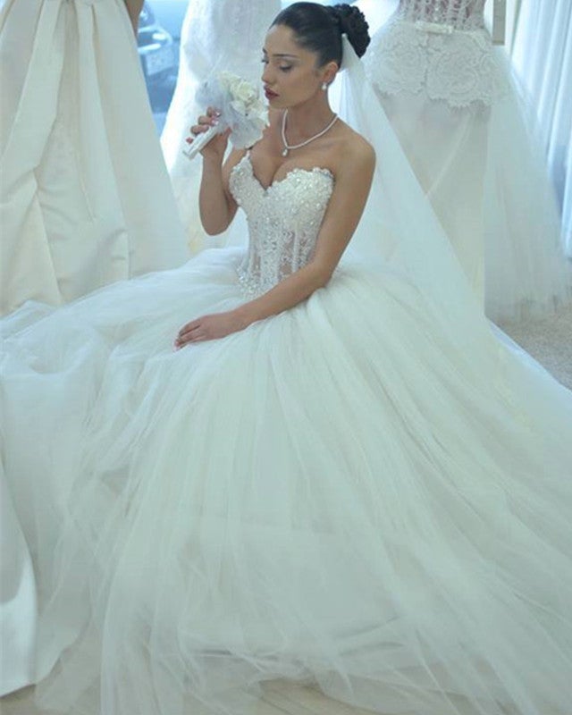 Lace Pearl Beaded Sweetheart Ball Gown Wedding Dresses for Bride