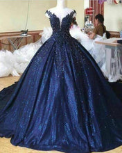 Load image into Gallery viewer, Navy Blue Sequin Ball Gown