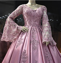Load image into Gallery viewer, Lace Puffy Sleeves Satin Ball Gown V-neck Dress