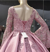 Load image into Gallery viewer, Lace Puffy Sleeves Satin Ball Gown V-neck Dress