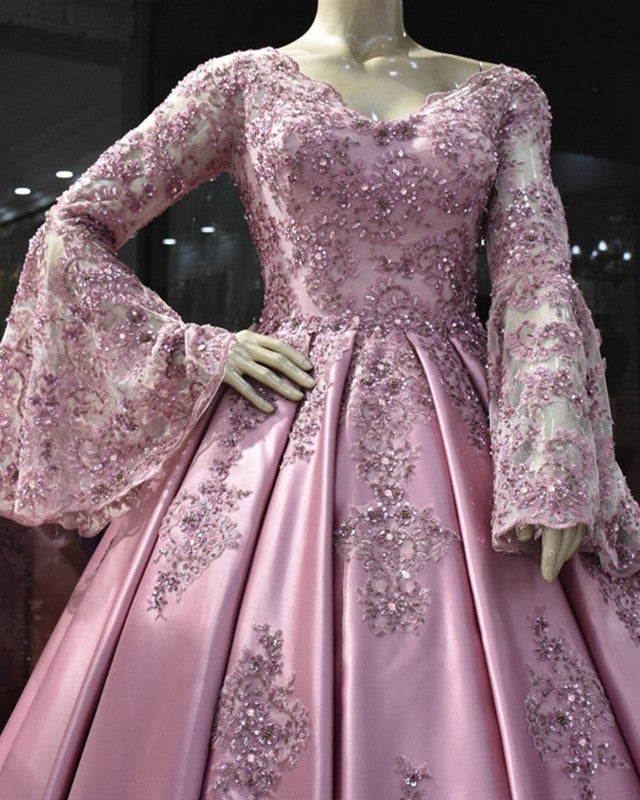 Lace Puffy Sleeves Satin Ball Gown V-neck Dress Lace Puffy Sleeves Satin Ball Gown V-neck Dress
