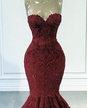 Load image into Gallery viewer, Burgundy Mermaid Prom Dress Lace