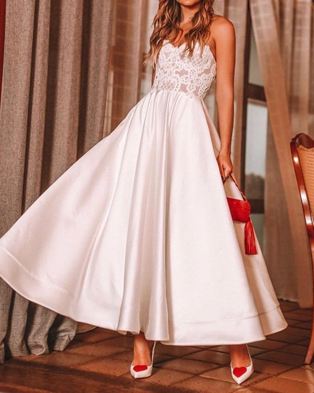 Lace Sweetheart Wedding Dress Satin Ball Gown Ankle Length Lace Sweetheart Wedding Dress Satin Ball Gown Ankle Length
