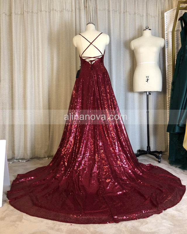 Lace Up Back Sequin Prom Dresses Leg Slit