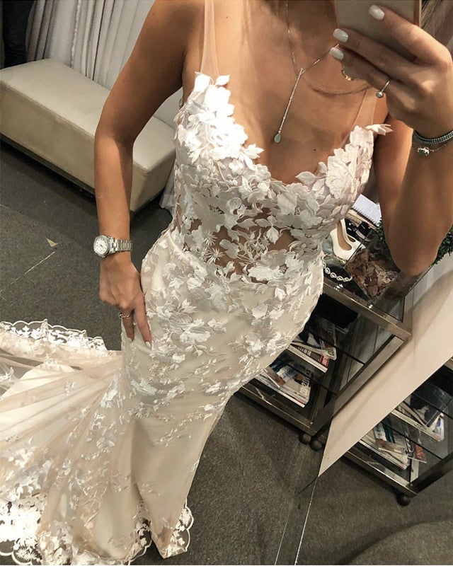 Lace V Neck Open Back Mermaid Wedding Dresses Lace V Neck Open Back Mermaid Wedding Dresses