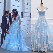 Load image into Gallery viewer, Light Blue Ball Gown Appliques Prom Dresses Off Shoulder