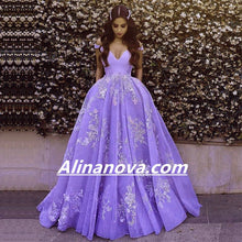 Load image into Gallery viewer, Light Blue Ball Gown Appliques Prom Dresses Off Shoulder
