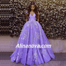 Load image into Gallery viewer, Light Blue Ball Gown Appliques Prom Dresses Off Shoulder