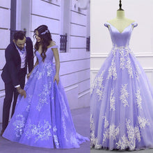 Load image into Gallery viewer, Light Blue Ball Gown Appliques Prom Dresses Off Shoulder
