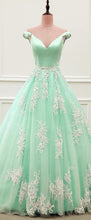 Load image into Gallery viewer, Light Blue Ball Gown Appliques Prom Dresses Off Shoulder