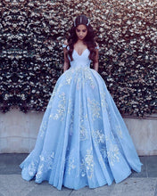Load image into Gallery viewer, Cinderella Blue Prom Dresses Ball Gown Lace Appliques