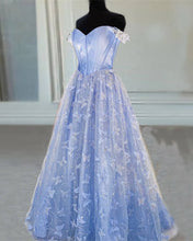 Load image into Gallery viewer, Blue Corset Butterfly Off Shoulder Prom Dress