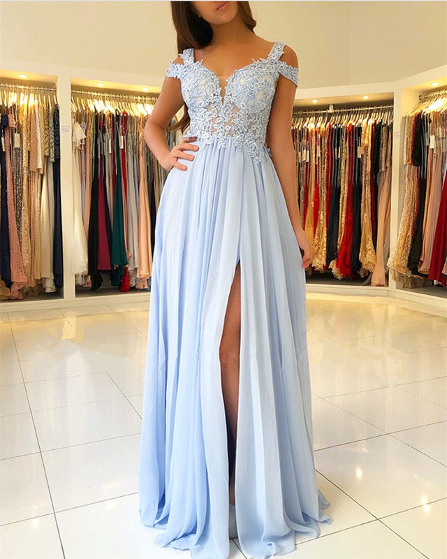 Light Blue Chiffon Prom Dresses Lace Appliques Off The Shoulder Light Blue Chiffon Prom Dresses Lace Appliques Off The Shoulder