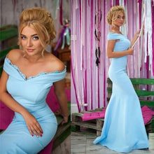 Load image into Gallery viewer, Light Blue Jersey Mermaid Prom Dresses V-neck Off Shoulder Evening Gowns