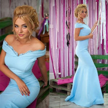 Load image into Gallery viewer, Light Blue Jersey Mermaid Prom Dresses V-neck Off Shoulder Evening Gowns