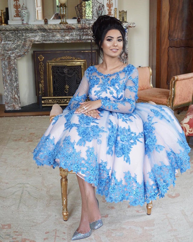 Light Blue Lace Embroidery Long Sleeves Ball Gown Prom Dresses Tea Len alinanova Light Blue Lace Embroidery Long Sleeves Ball Gown Prom Dresses Tea Len alinanova